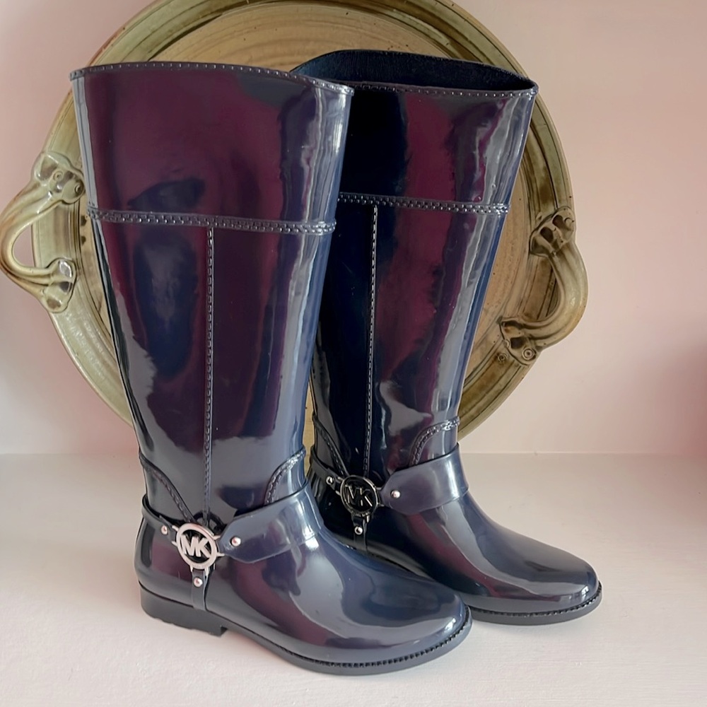 Michael Kors Fulton Harness Navy Blue Knee High Tall Rubber Rainboots Womens Sz8